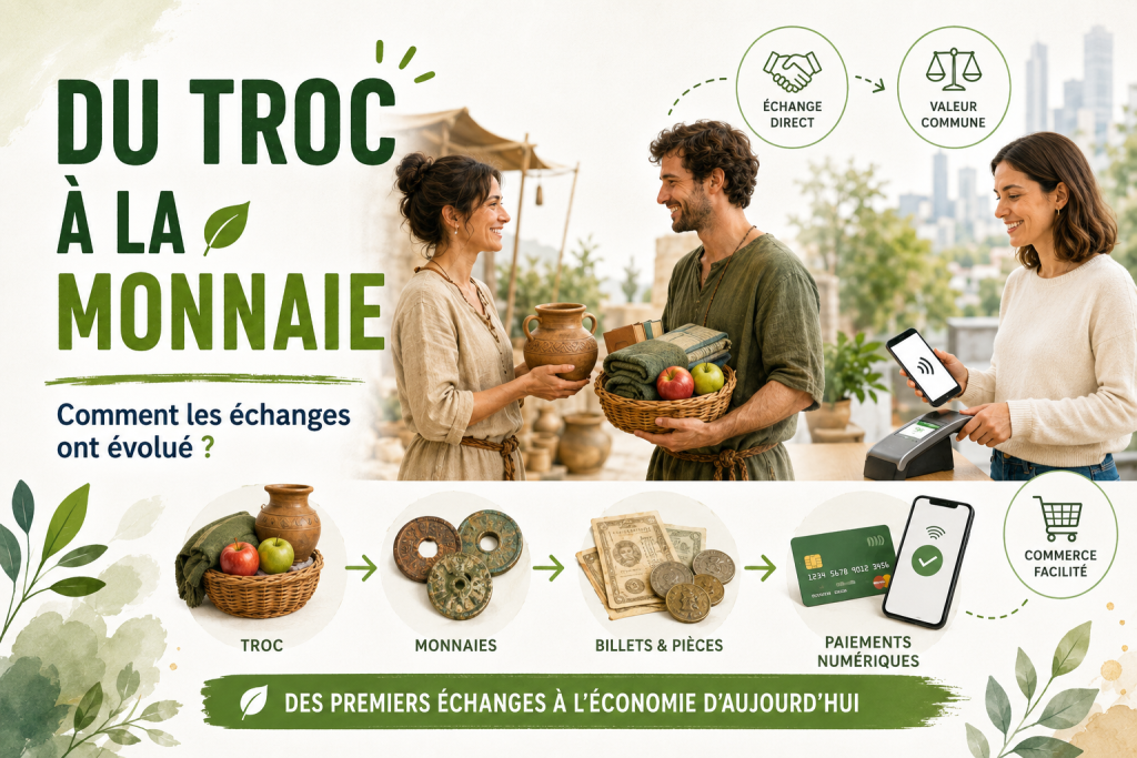 Illustration de l’évolution des échanges, du troc traditionnel avec des objets et denrées jusqu’à la monnaie, aux billets et aux paiements numériques modernes.
