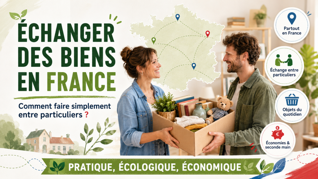 Deux personnes échangent un carton d’objets de seconde main devant une carte de France, illustrant le troc de biens entre particuliers partout en France.