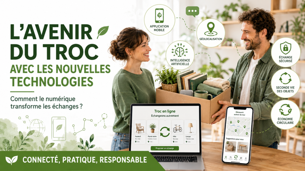 Deux personnes échangent un carton d’objets de seconde main avec un ordinateur et un smartphone illustrant le rôle des nouvelles technologies dans le troc en ligne.