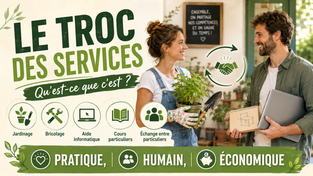 Deux personnes échangent des services de jardinage, bricolage et aide informatique, illustrant le troc de compétences entre particuliers.
