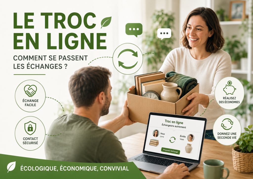 Deux personnes réalisent un troc en ligne avec un carton d’objets de seconde main, un ordinateur affichant une plateforme d’échange et des icônes de sécurité, d’économies et de réemploi.