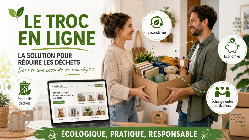 Deux personnes échangent un carton d’objets de seconde main via une plateforme de troc en ligne, illustrant la réduction des déchets et la seconde vie des objets.