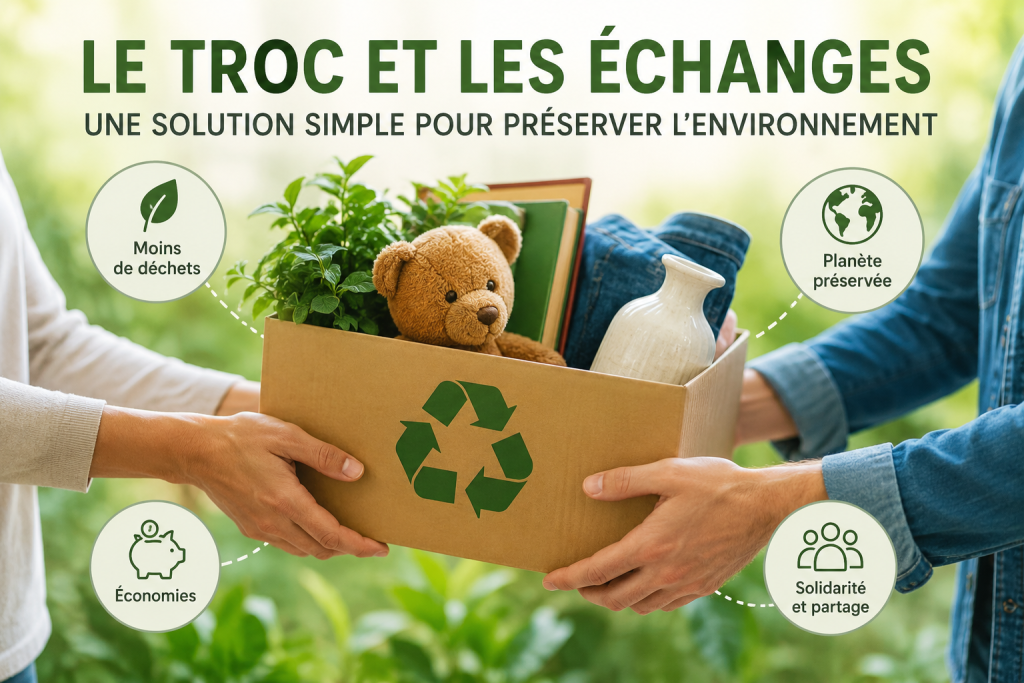 Deux personnes échangent un carton d’objets de seconde main avec des symboles écologiques illustrant le troc, la réduction des déchets et la préservation de l’environnement.