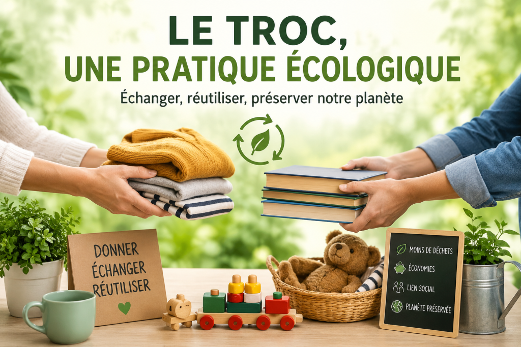 Deux personnes échangent des vêtements et des livres dans un décor naturel, illustrant le troc écologique, le réemploi et la réduction des déchets.
