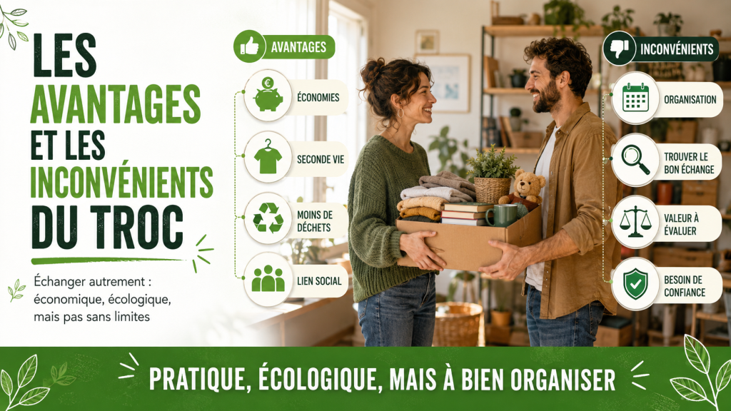 Deux personnes échangent un carton d’objets de seconde main avec des icônes présentant les avantages et les inconvénients du troc entre particuliers.
