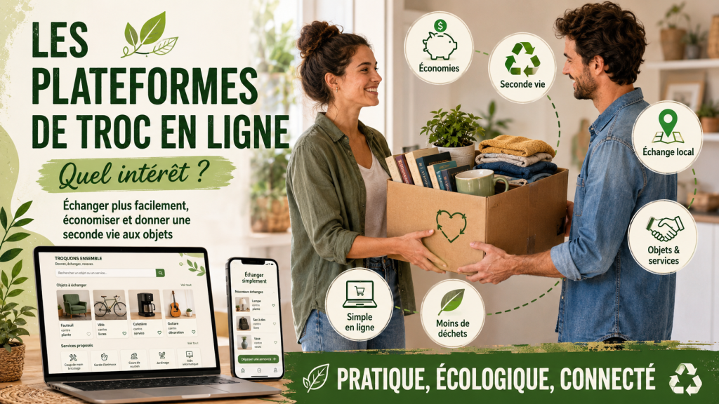 Deux personnes échangent un carton d’objets de seconde main avec un ordinateur et un smartphone illustrant l’intérêt des plateformes de troc en ligne.