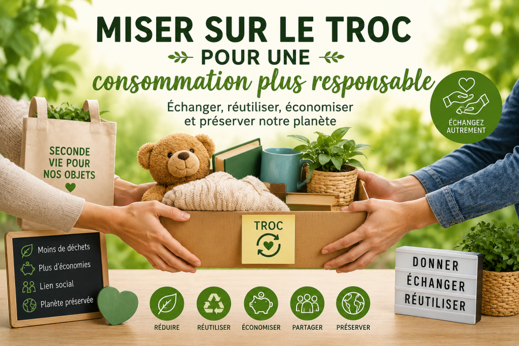 Deux personnes échangent un carton d’objets de seconde main, illustrant le troc comme solution pour une consommation plus responsable, écologique et économique.