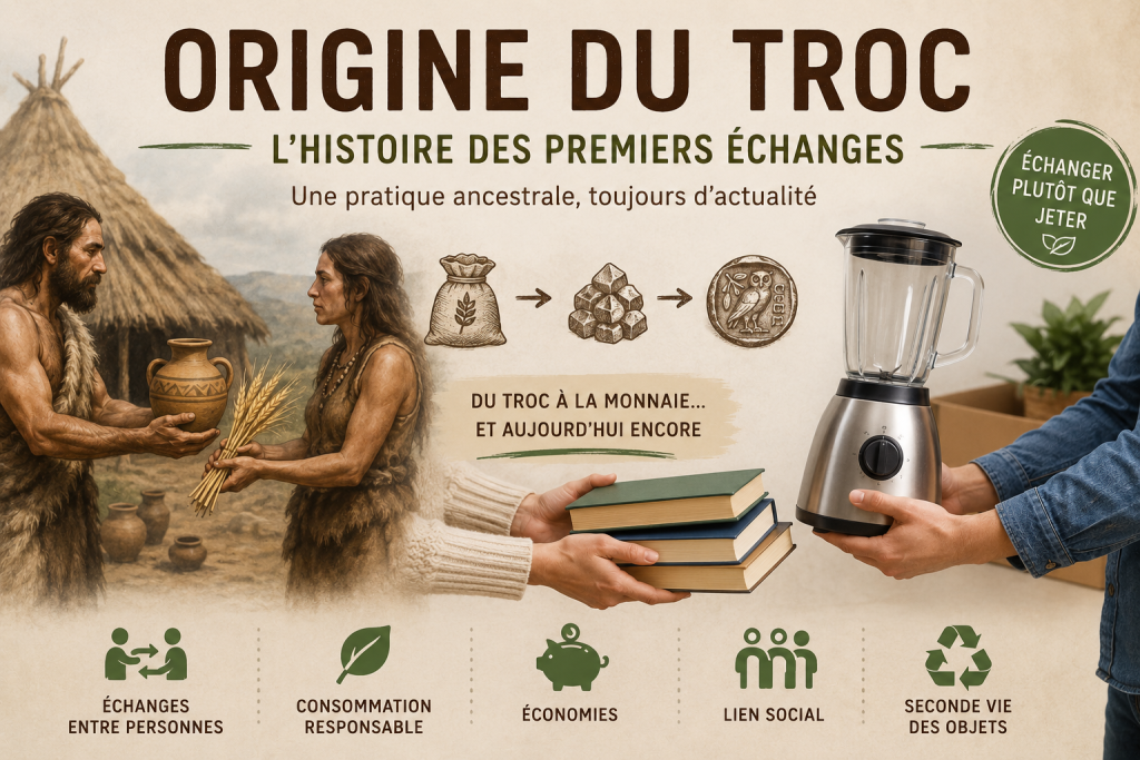 Illustration de l’origine du troc montrant des échanges anciens de biens et des échanges modernes d’objets, avec des symboles de monnaie, de seconde vie et de consommation responsable.