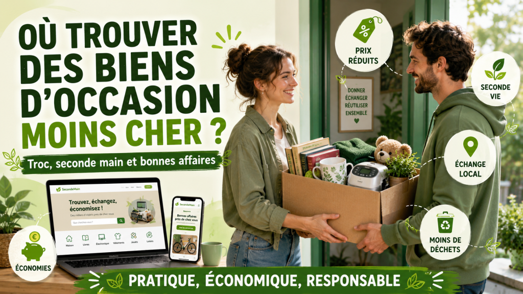 Deux personnes échangent un carton d’objets d’occasion avec un ordinateur et un smartphone affichant une plateforme de seconde main, illustrant les bonnes affaires et le troc entre particuliers.