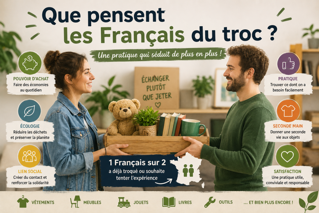 Deux personnes échangent une caisse d’objets de seconde main, illustrant l’avis positif des Français sur le troc, les économies, l’écologie et le lien social.