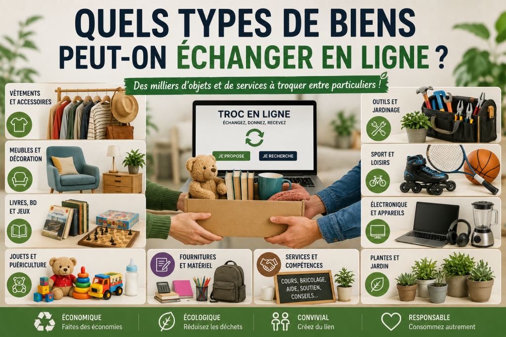 Infographie montrant les types de biens que l’on peut échanger en ligne, avec des vêtements, meubles, livres, jouets, outils, appareils, plantes et services entre particuliers.