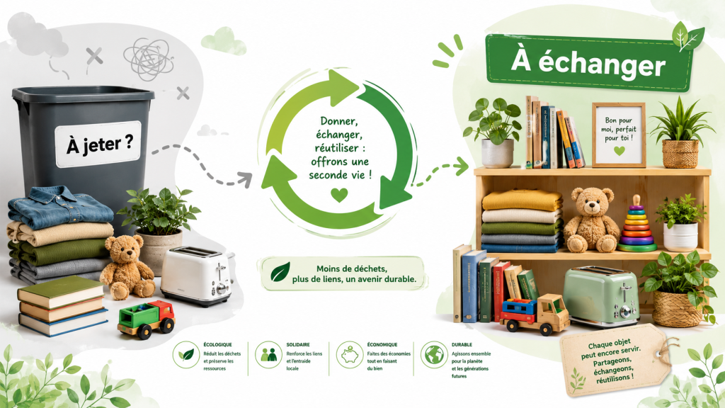 Infographie écologique montrant des objets destinés à être jetés qui sont redirigés vers une zone à échanger, avec des flèches de recyclage, des vêtements, livres, jouets, plantes et petit électroménager.