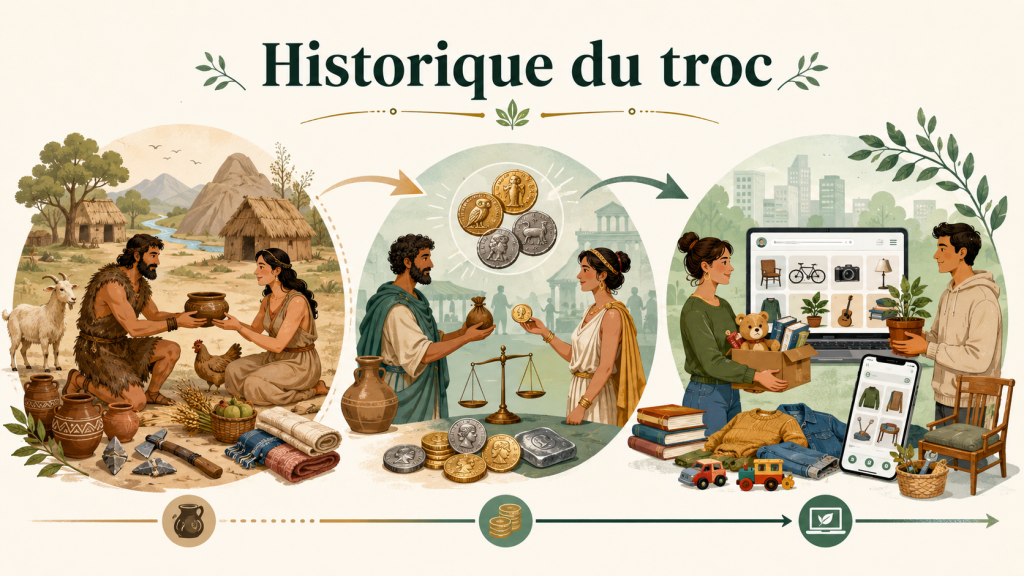Illustration de l’historique du troc montrant l’évolution des échanges depuis les premiers trocs de biens jusqu’à la monnaie et au troc moderne en ligne.