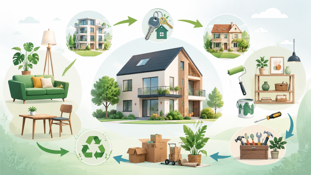 Infographie illustrant le lien entre immobilier et troc, avec une maison, des logements, des meubles, des outils, des cartons de déménagement et des flèches d’échange.