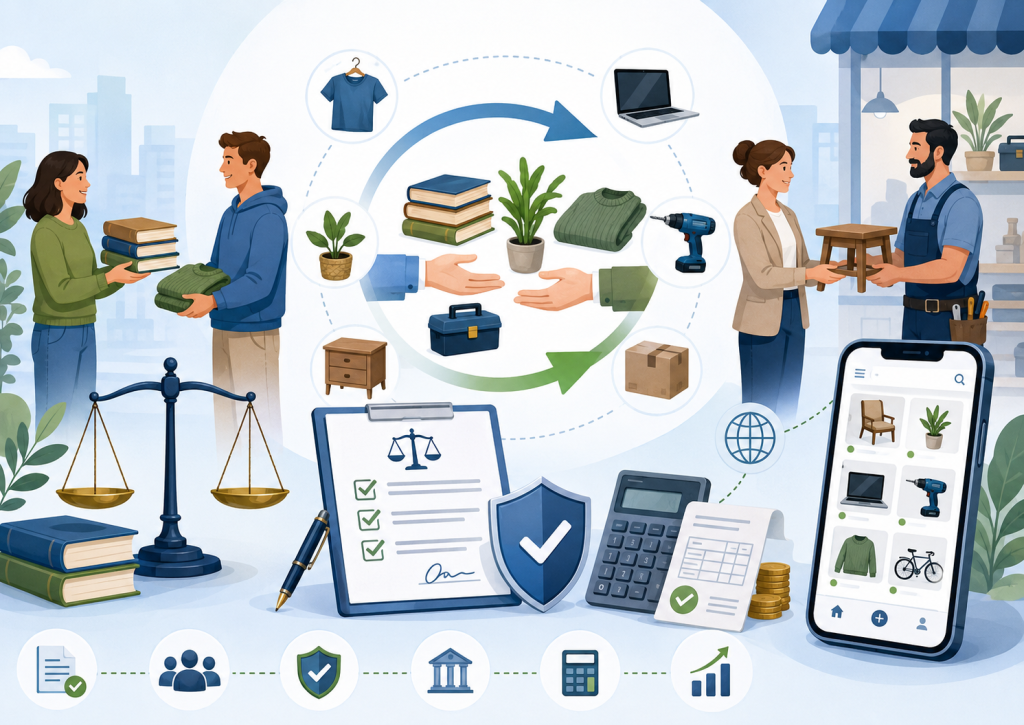 Infographie illustrant la législation sur le troc, avec des échanges d’objets entre particuliers, des documents, une balance juridique et une plateforme de troc en ligne.