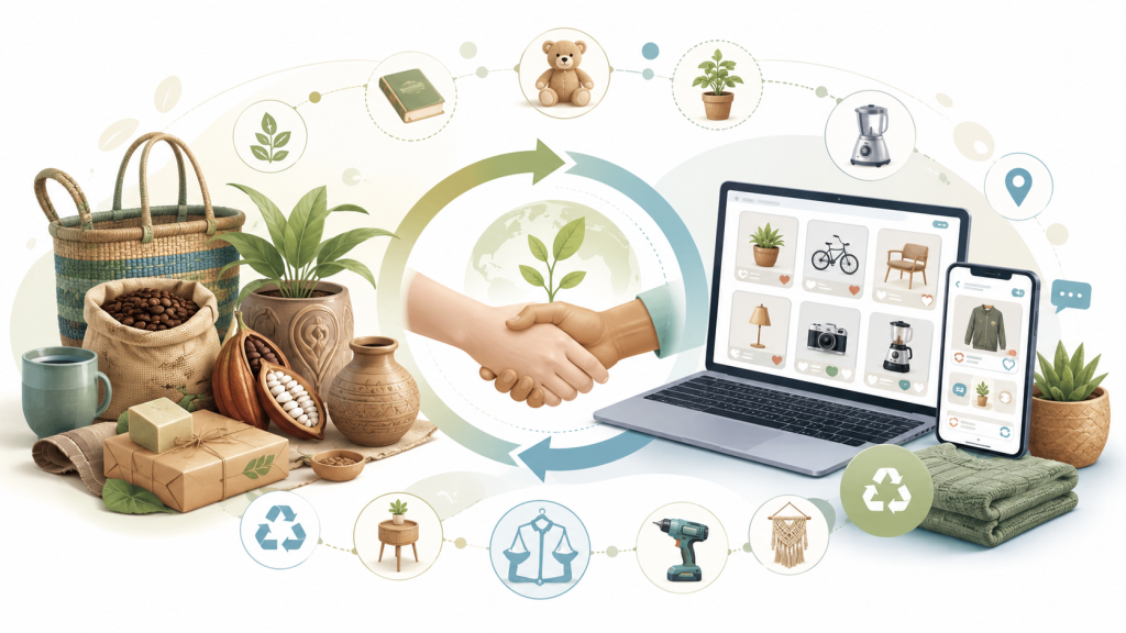 Illustration du commerce équitable et virtuel avec des produits responsables, une poignée de main, un ordinateur et un smartphone affichant une plateforme d’échange en ligne.