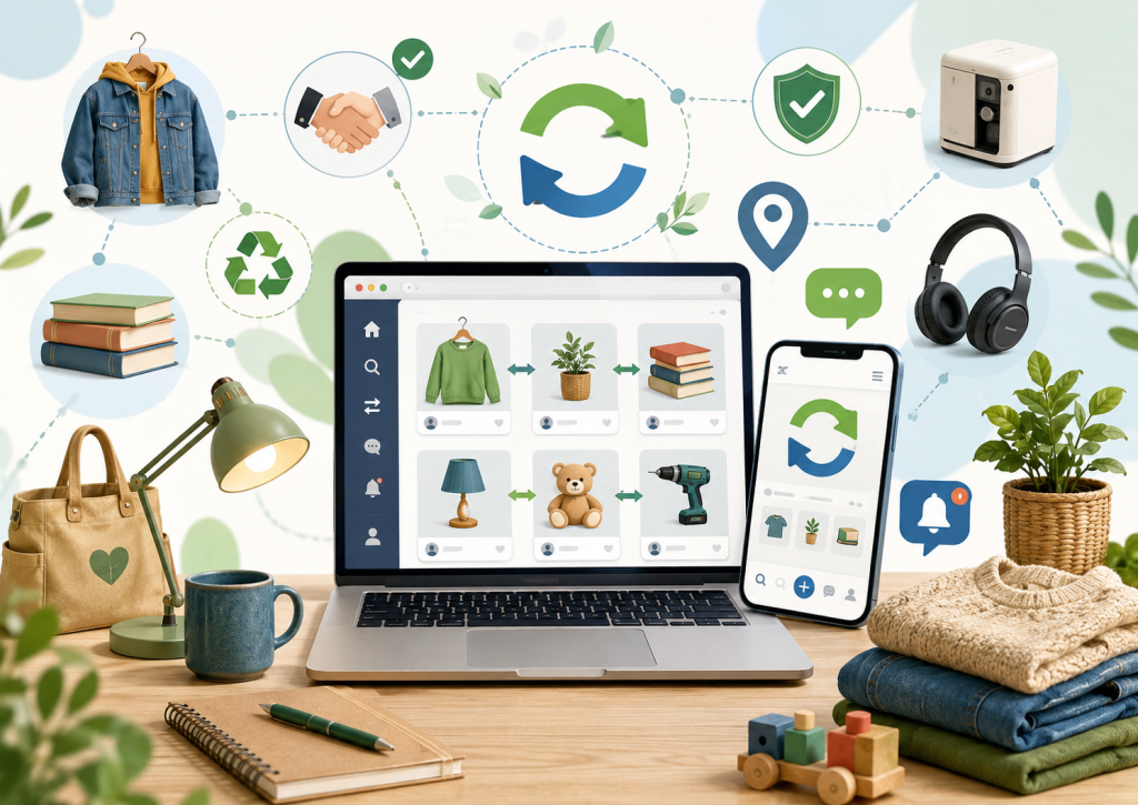 Ordinateur et smartphone affichant une plateforme de troc en ligne, entourés d’objets à échanger comme des vêtements, livres, plantes, jouets, lampe et outils.