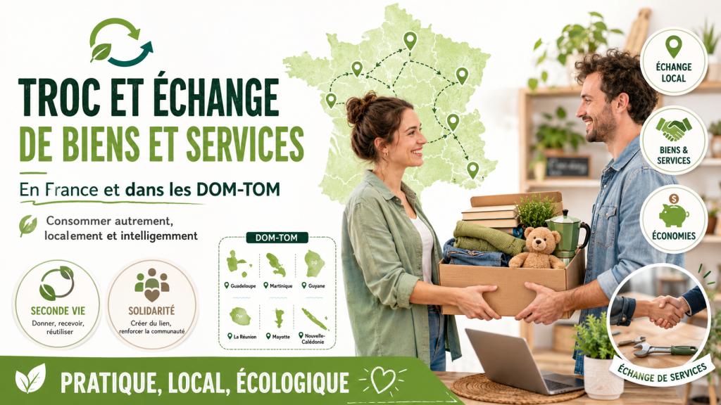 Deux personnes échangent un carton d’objets de seconde main et de services devant une carte de France et des DOM-TOM, illustrant le troc local et solidaire.
