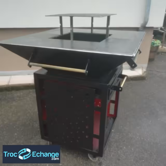  brasero  900 x 900 mm   , hauteur 1000 mm , sur caisson de 600 x 600 sur roulettes et tiroirs a sandre   pour bûches 500 mm