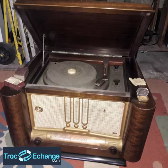 Radio ancienne tourne disque + accessoires adaptés + vieux disques